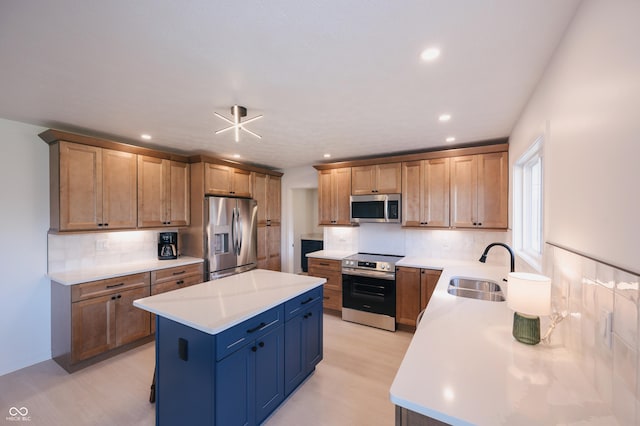 kitchen with sink, light hardwood / wood-style flooring, appliances with stainless steel finishes, tasteful backsplash, and a kitchen island