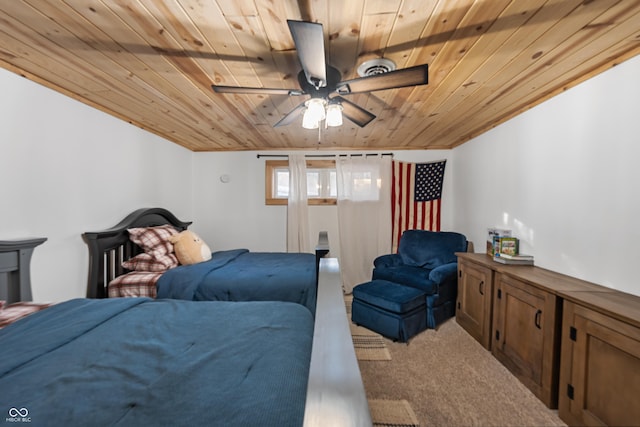 bedroom featuring ceiling fan, carpet flooring, and wooden ceiling