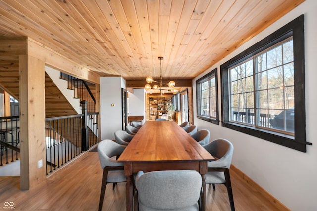 dining room featuring a notable chandelier, wood ceiling, and light hardwood / wood-style flooring