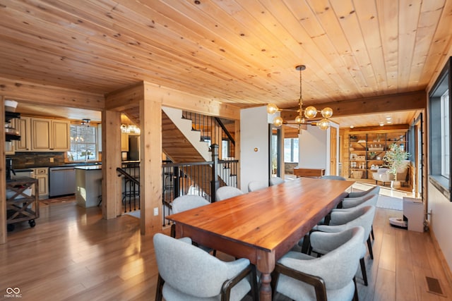 dining room featuring beam ceiling, a chandelier, light wood-type flooring, and wooden ceiling