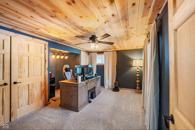 carpeted office with wooden ceiling and ceiling fan