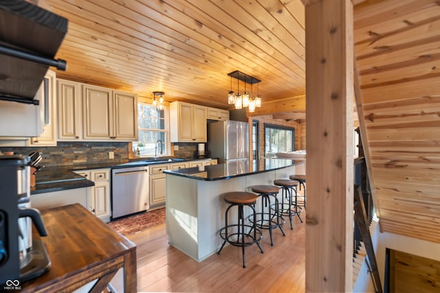 kitchen with a kitchen island, appliances with stainless steel finishes, hanging light fixtures, and wood ceiling