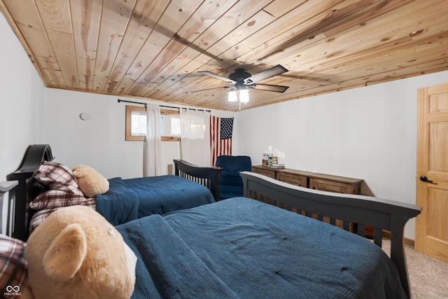 bedroom with carpet, wooden ceiling, and ceiling fan