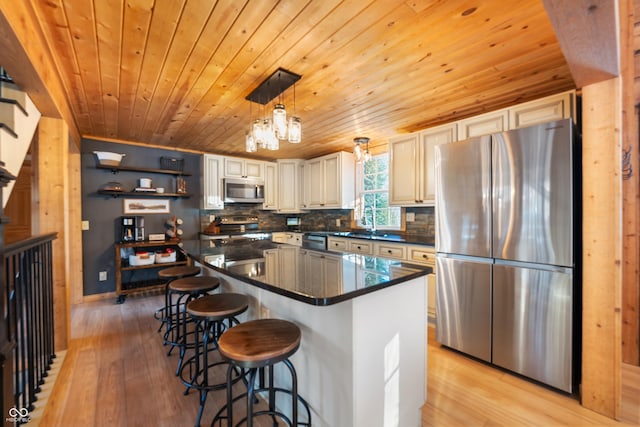 kitchen with a breakfast bar area, wooden ceiling, a kitchen island, pendant lighting, and stainless steel appliances