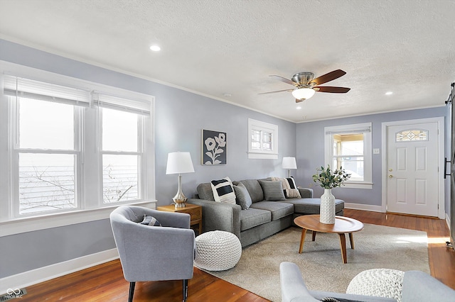 living room featuring hardwood / wood-style flooring, crown molding, and a textured ceiling