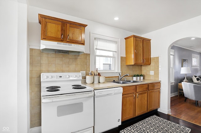 kitchen featuring sink, white appliances, dark wood-type flooring, and backsplash