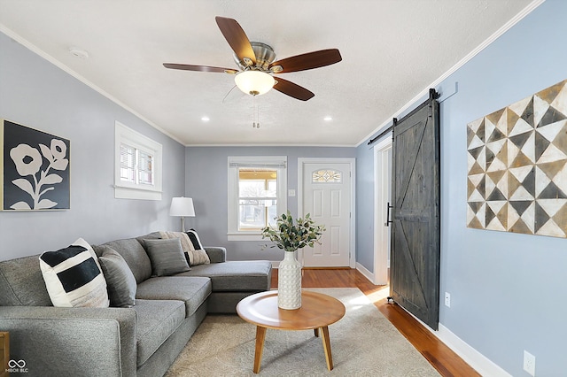 living room featuring ornamental molding, a barn door, ceiling fan, and light hardwood / wood-style flooring