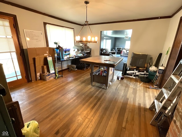 dining room with crown molding and wood-type flooring