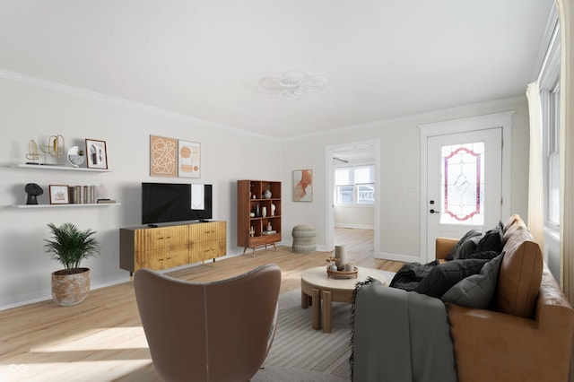 living room with crown molding and hardwood / wood-style floors