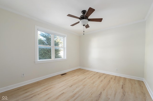 unfurnished room with crown molding, ceiling fan, and light wood-type flooring