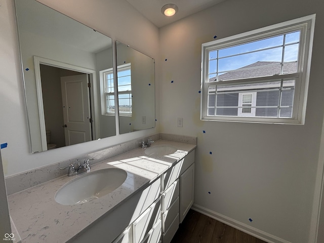 full bathroom with double vanity, wood finished floors, baseboards, and a sink