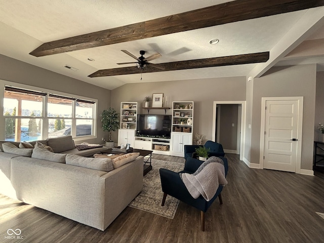 living room featuring dark wood-type flooring, ceiling fan, and lofted ceiling