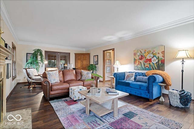 living room with ornamental molding, dark hardwood / wood-style flooring, and french doors