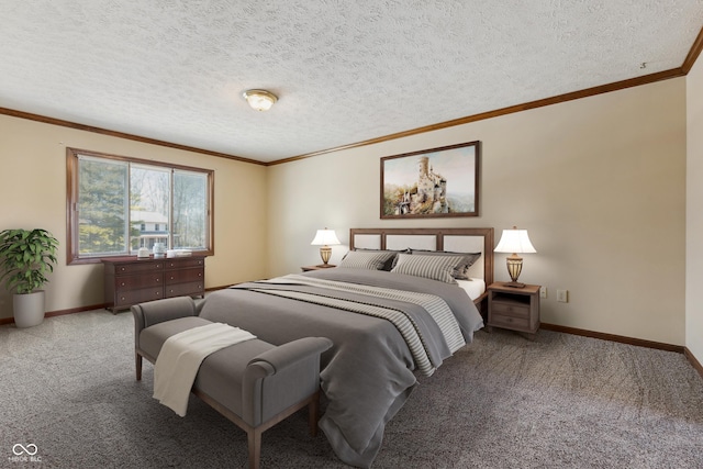 carpeted bedroom with ornamental molding and a textured ceiling