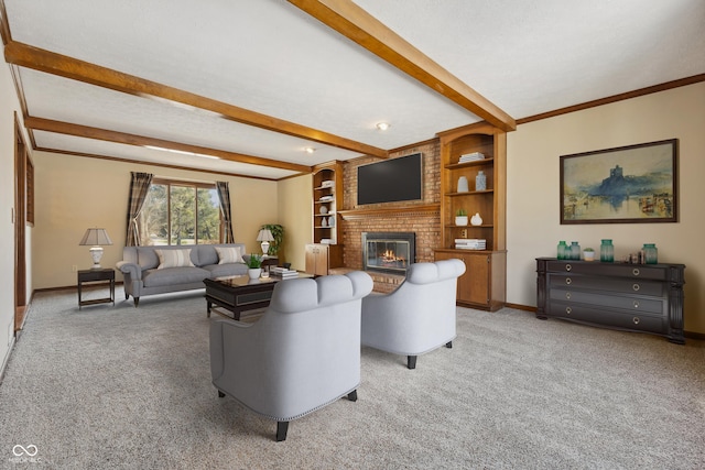 living room featuring a brick fireplace, a textured ceiling, ornamental molding, beam ceiling, and carpet