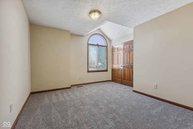 interior space with a closet, lofted ceiling, carpet flooring, and a textured ceiling