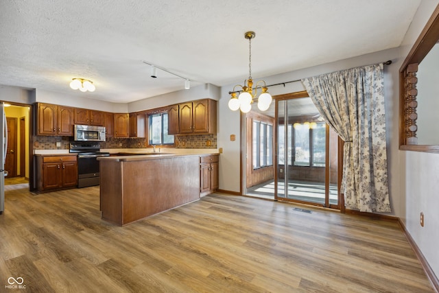 kitchen with stainless steel appliances, hanging light fixtures, hardwood / wood-style flooring, and kitchen peninsula