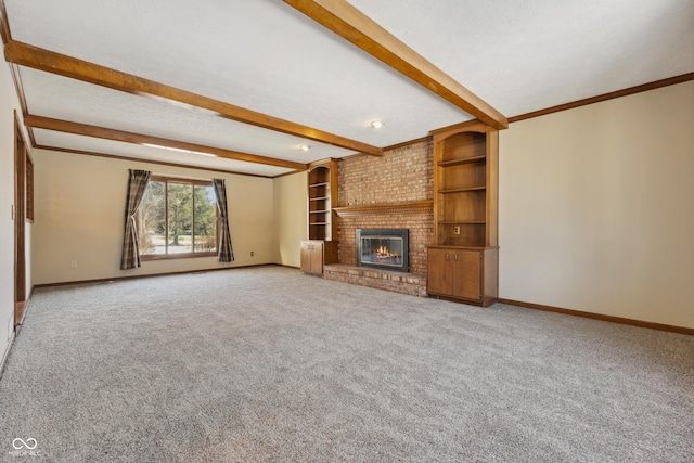 unfurnished living room with light carpet, a brick fireplace, beam ceiling, and a textured ceiling