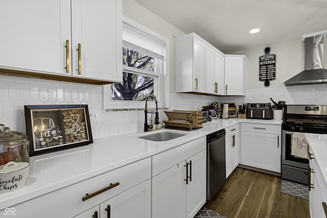 kitchen featuring wall chimney range hood, sink, appliances with stainless steel finishes, tasteful backsplash, and white cabinets