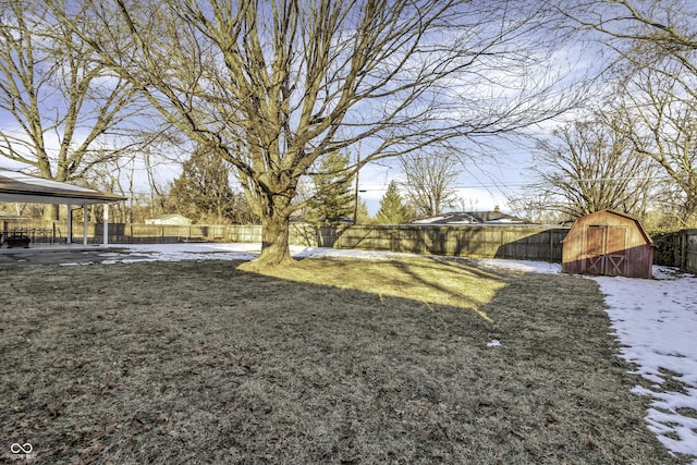 yard covered in snow featuring a storage unit