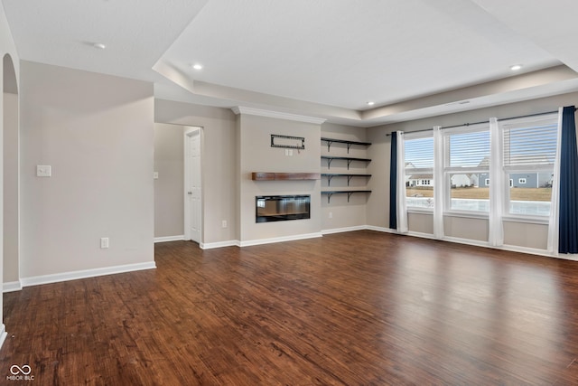 unfurnished living room with a raised ceiling and dark wood-type flooring