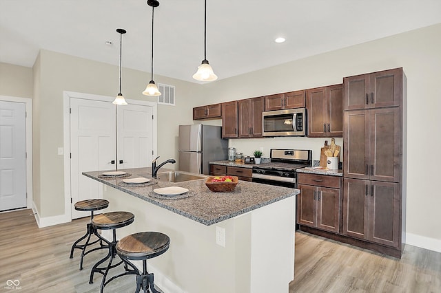 kitchen with appliances with stainless steel finishes, a breakfast bar, pendant lighting, an island with sink, and sink