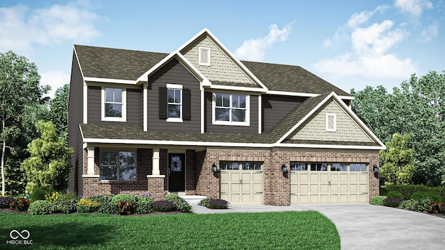 craftsman-style house featuring a garage and a front lawn