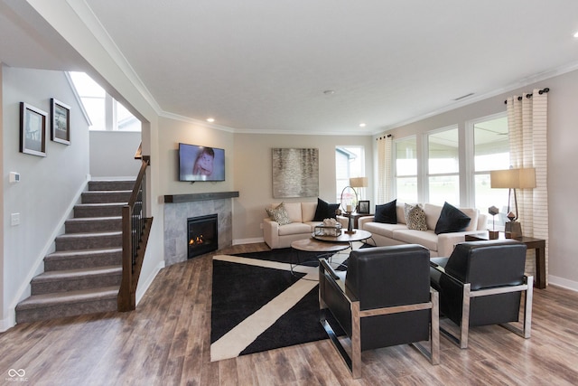 living room with crown molding, wood-type flooring, and a fireplace