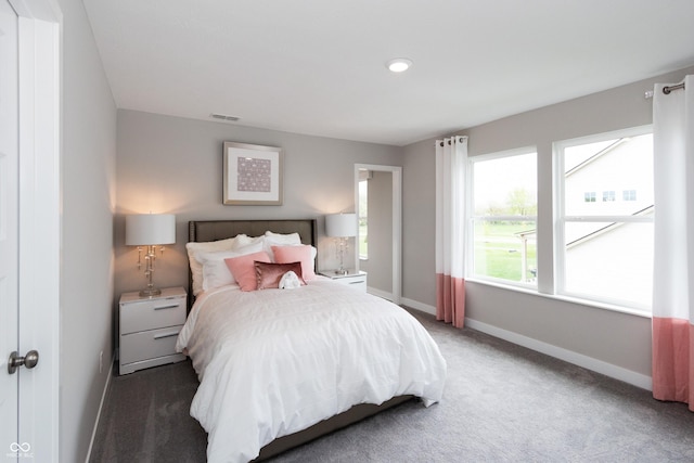 bedroom with dark carpet