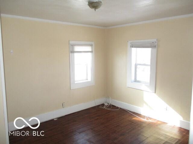 spare room featuring dark hardwood / wood-style flooring and crown molding