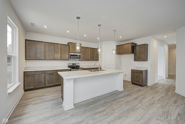 kitchen featuring visible vents, an island with sink, appliances with stainless steel finishes, decorative light fixtures, and a sink