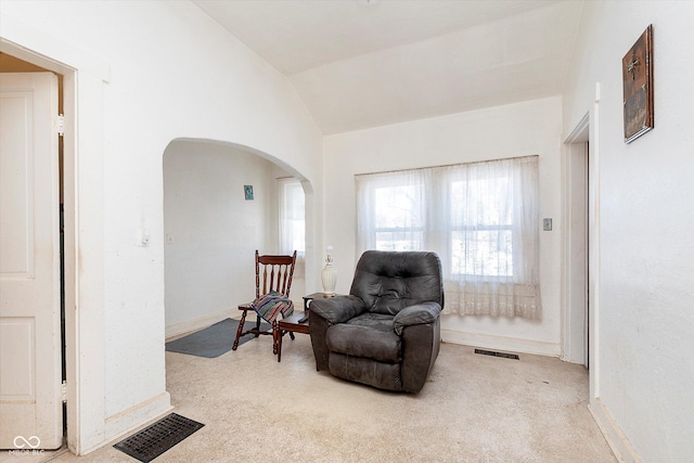 sitting room featuring lofted ceiling and carpet flooring