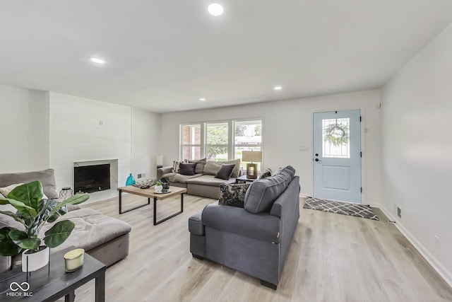 living room featuring light hardwood / wood-style floors and a large fireplace