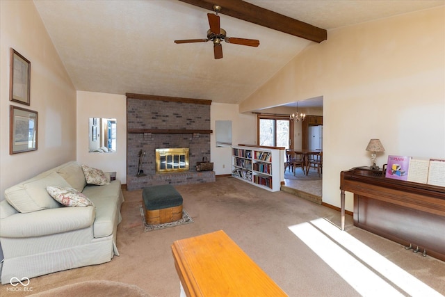 living room featuring ceiling fan with notable chandelier, high vaulted ceiling, beamed ceiling, a brick fireplace, and light carpet