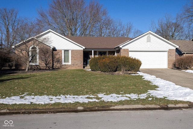 single story home featuring a garage and a lawn