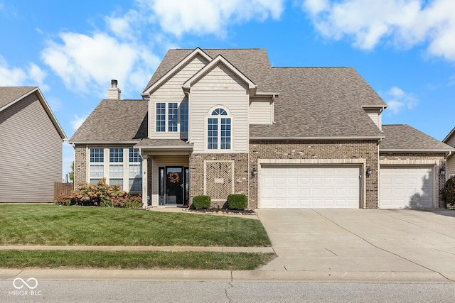 view of property with a garage and a front lawn