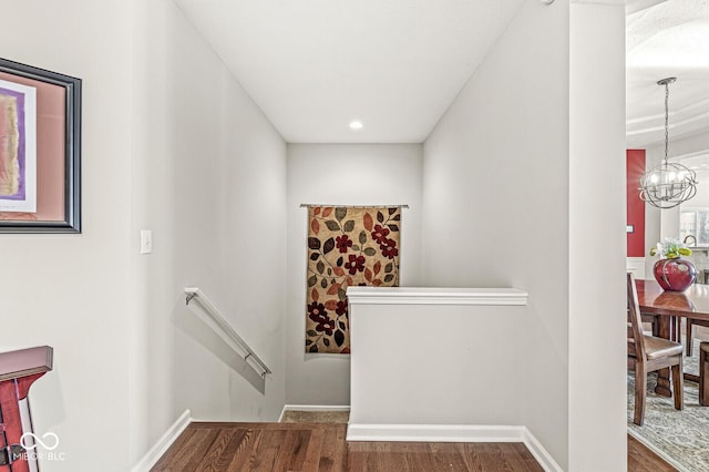 stairs with wood-type flooring and a notable chandelier