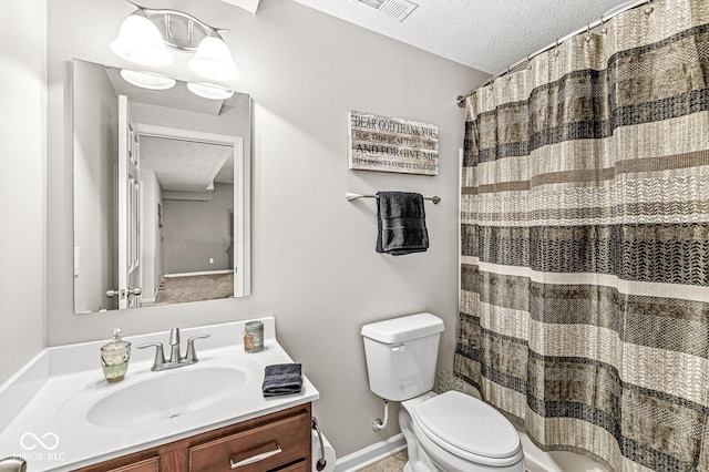 bathroom with vanity, walk in shower, toilet, a textured ceiling, and an inviting chandelier