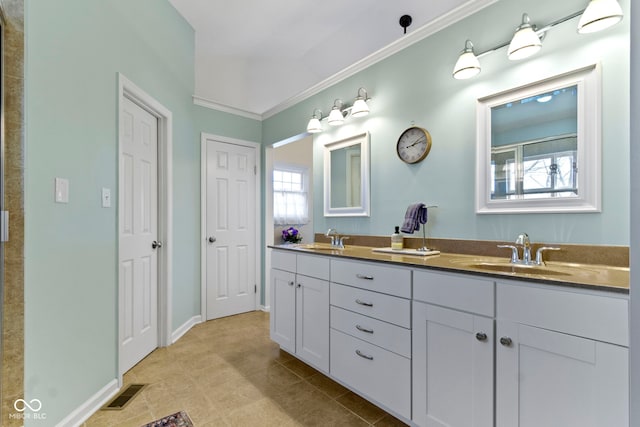 bathroom featuring vanity and lofted ceiling