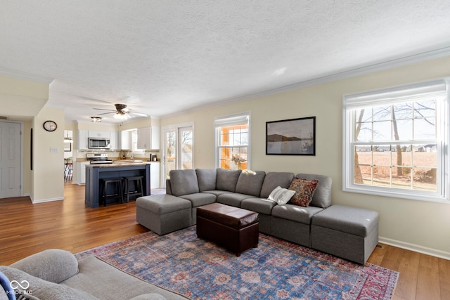 living room featuring ornamental molding, a healthy amount of sunlight, and hardwood / wood-style floors