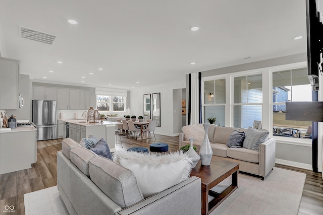 living room featuring sink and light hardwood / wood-style floors