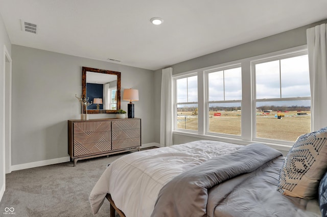 bedroom with light carpet