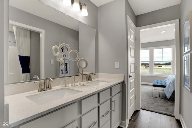 bathroom featuring vanity and wood-type flooring