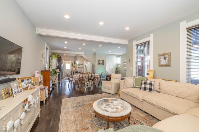 living room with dark wood-type flooring