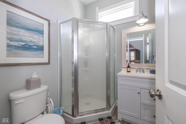 bathroom with vanity, plenty of natural light, an enclosed shower, and toilet