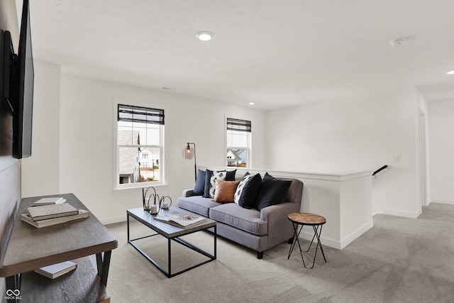 living room with light colored carpet