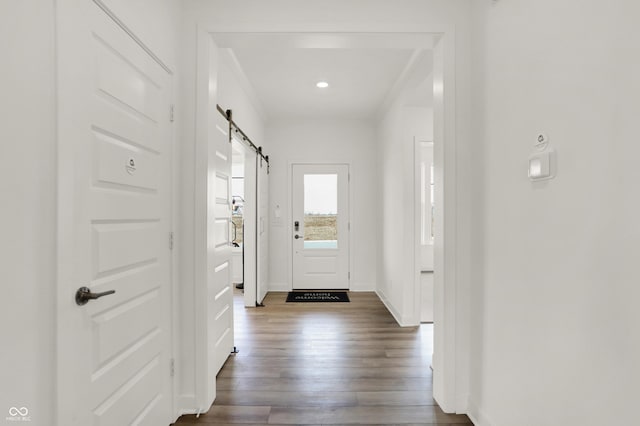 doorway to outside featuring dark wood-type flooring and a barn door