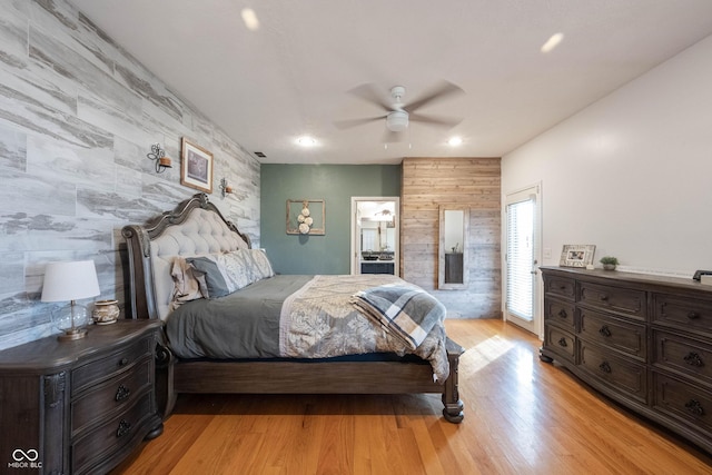 bedroom featuring ceiling fan and light wood-type flooring