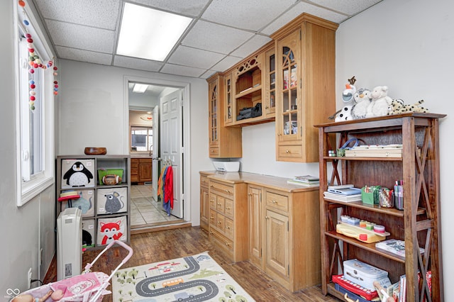 kitchen with light hardwood / wood-style flooring and a drop ceiling