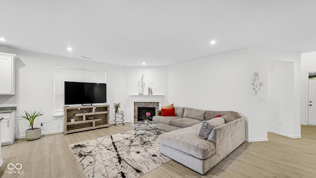 living room with a tiled fireplace and light hardwood / wood-style flooring